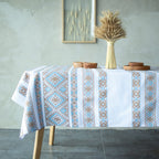 Beige White Tisa Linen Tablecloth 106x65" - Elegant Farmhouse Table Linens | Premium Natural Linen