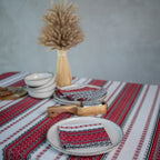 Red Linen Table Set 75x55" - Farmhouse Tablecloth & 6 Napkins | Premium Natural Linen Dining Set