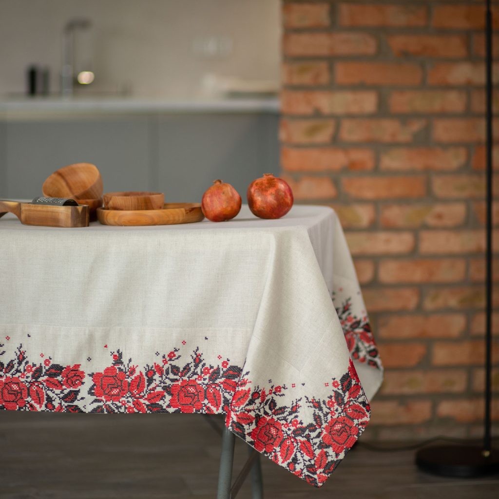 Ethnic Motifs Linen Tablecloth 87x57" - Traditional Folk Table Linens | Premium Natural Linen