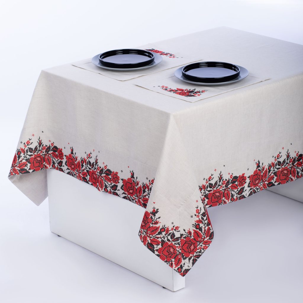 Ethnic Motifs Linen Tablecloth 87x57" - Traditional Folk Table Linens | Premium Natural Linen