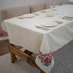 Embroidered Blooming Garden Linen Tablecloth 87x55" - Floral Table Linens | Premium Natural Linen