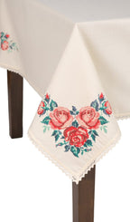 Embroidered Blooming Garden Linen Tablecloth 87x55" - Floral Table Linens | Premium Natural Linen