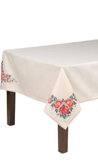 Embroidered Blooming Garden Linen Tablecloth 87x55" - Floral Table Linens | Premium Natural Linen