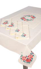 Embroidered Blooming Garden Linen Tablecloth 87x55" - Floral Table Linens | Premium Natural Linen