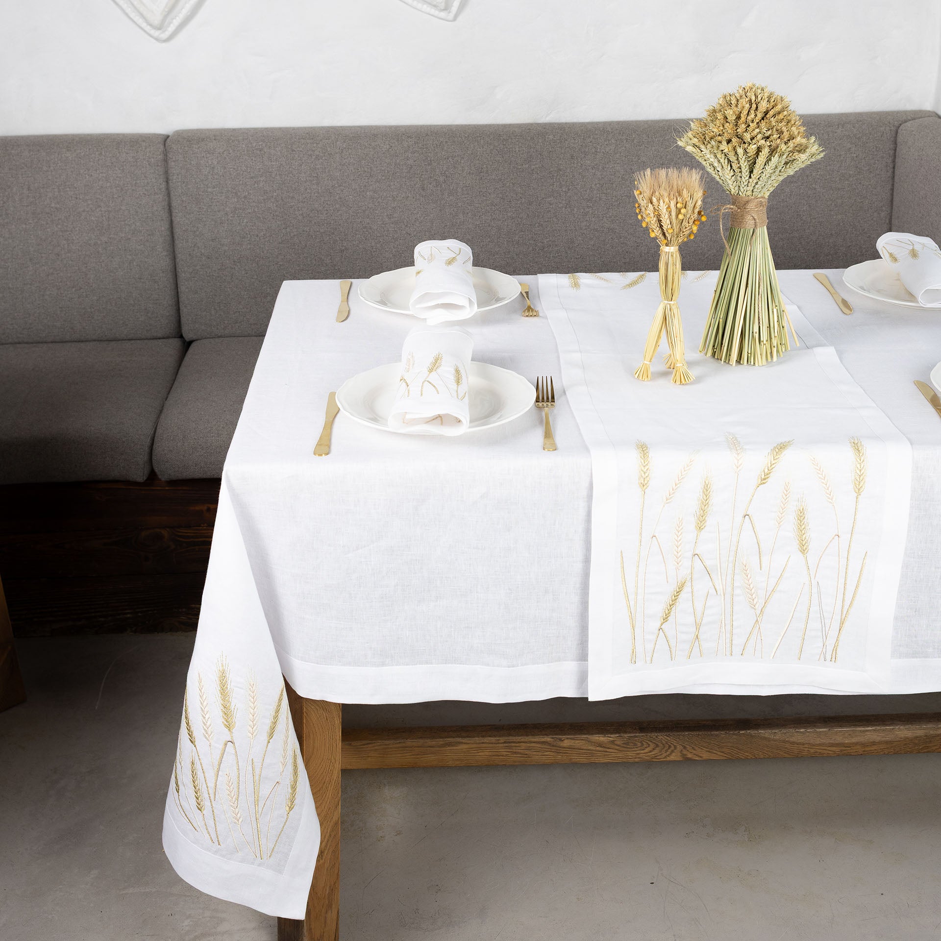White Wheat Field Linen Tablecloth 71x59 | Farmhouse Linens