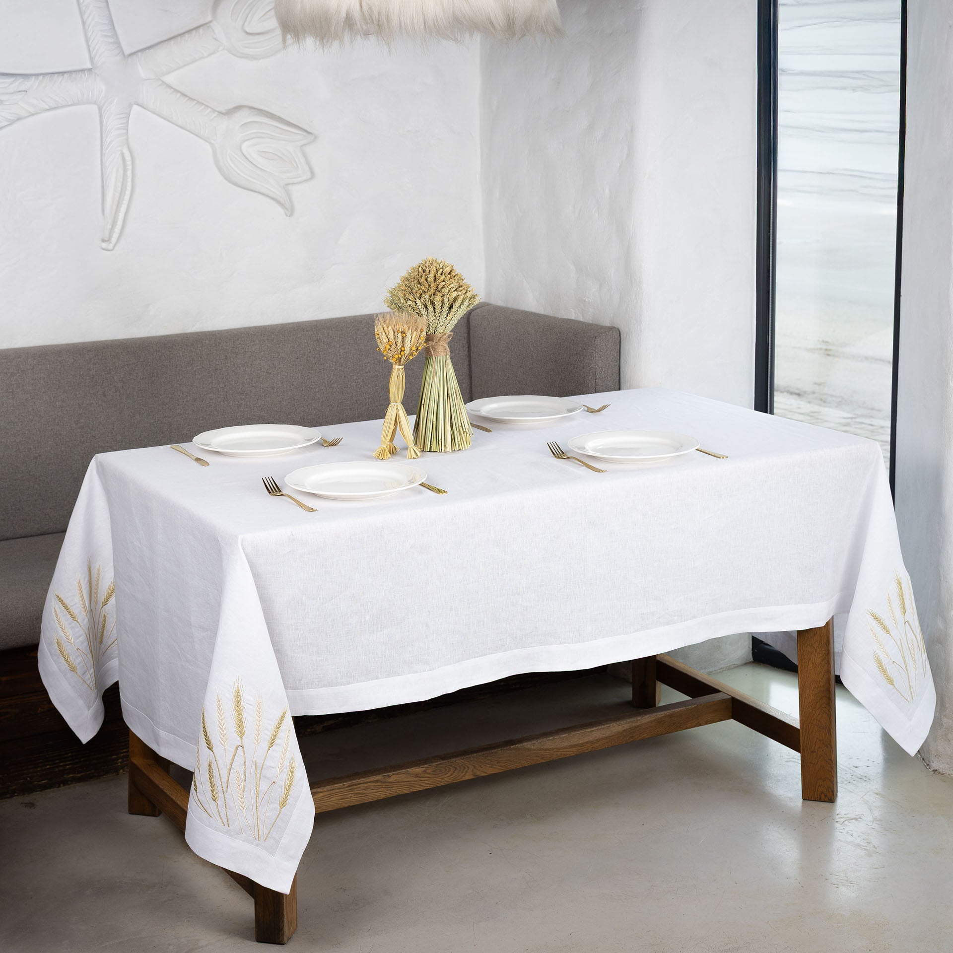 White Wheat Field Linen Tablecloth 71x59 | Farmhouse Linens
