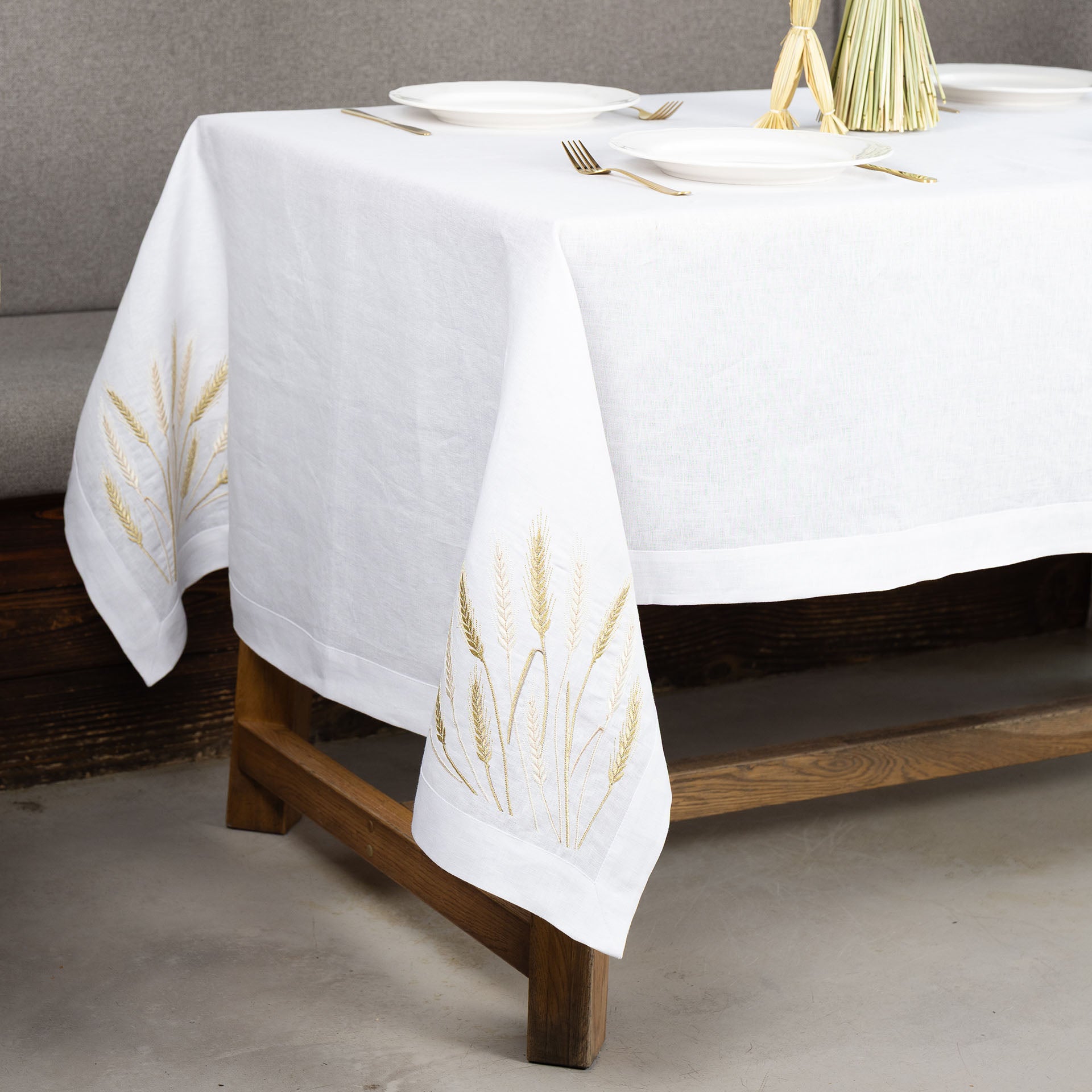 White Wheat Field Linen Tablecloth 71x59 | Farmhouse Linens