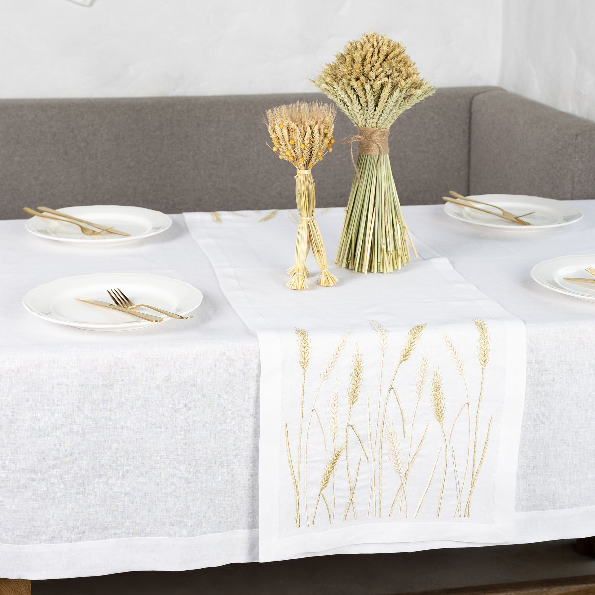 White Wheat Field Linen Tablecloth 71x59 | Farmhouse Linens
