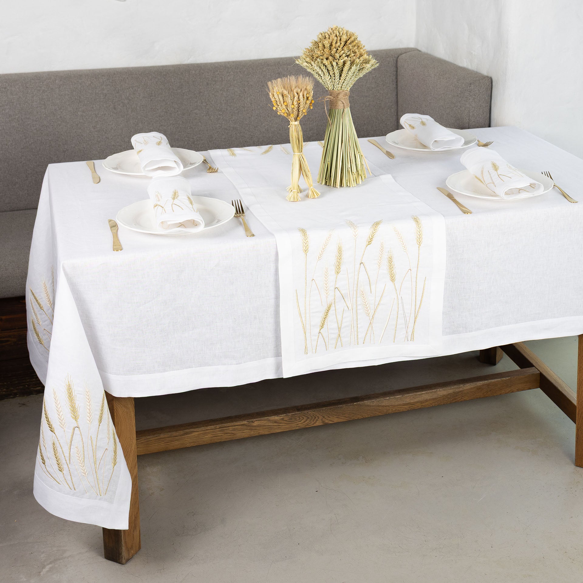 White Wheat Field Linen Tablecloth 71x59 | Farmhouse Linens