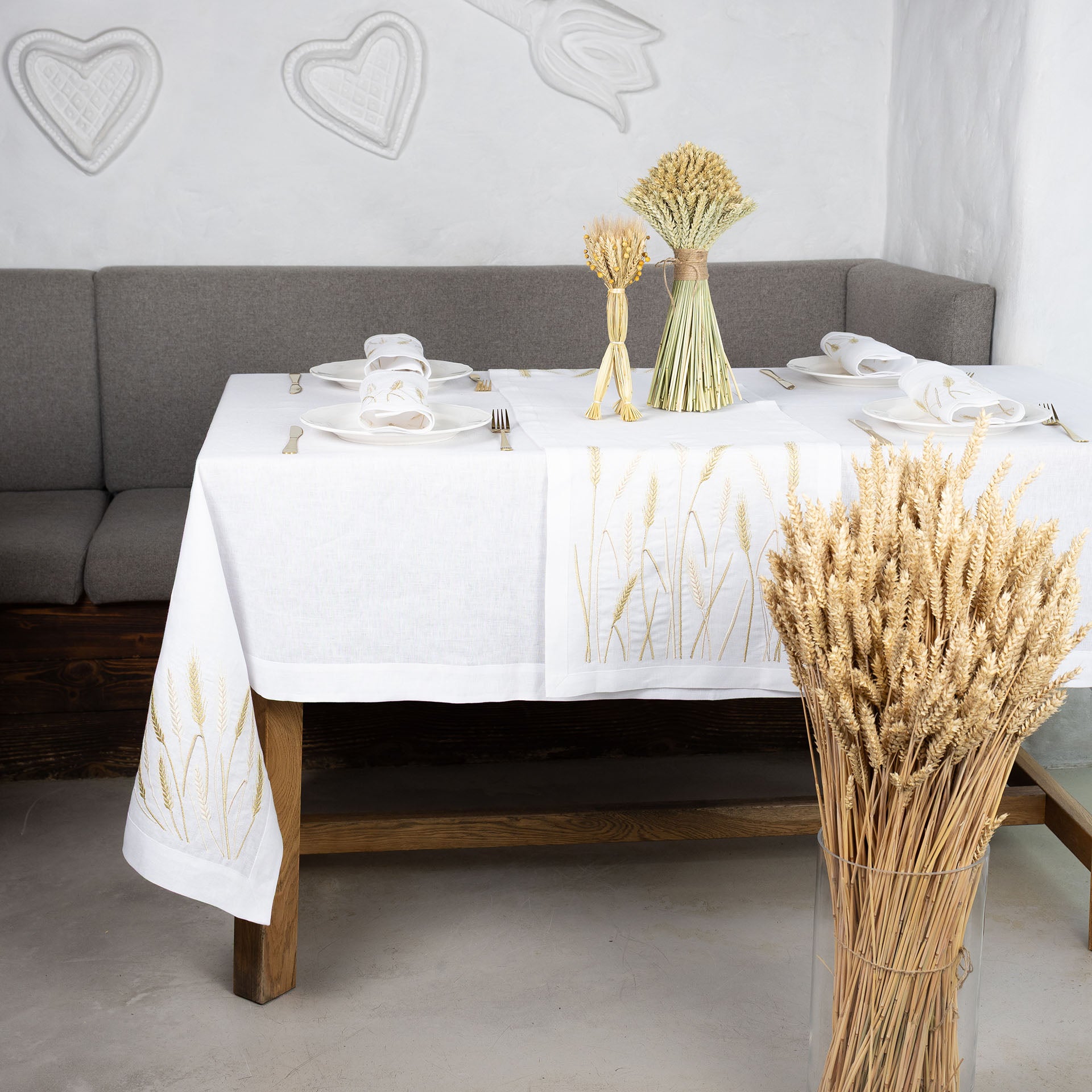 White Wheat Field Linen Tablecloth 71x59 | Farmhouse Linens