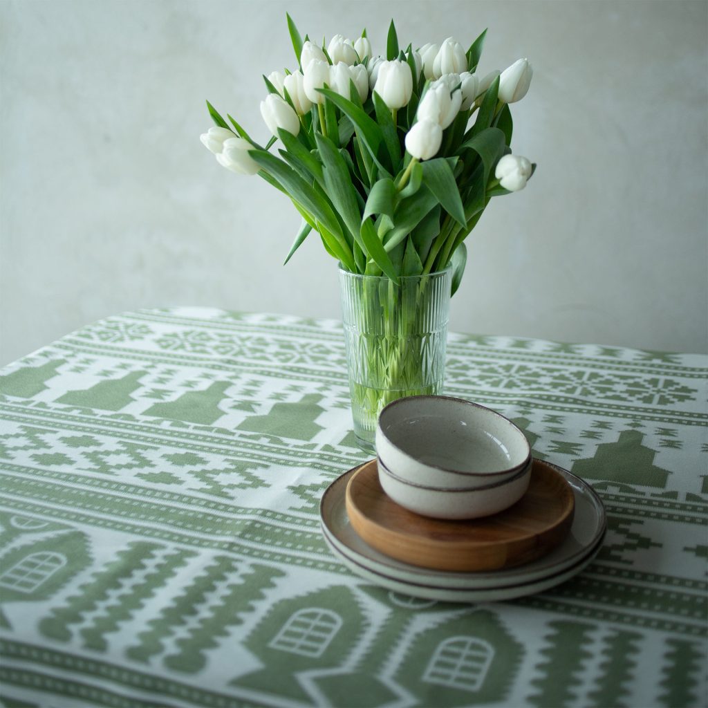 Green Krolevets Linen Tablecloth 65x55" - Traditional Ukrainian Table Linens | Premium Natural Linen