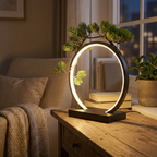 Wooden circle lamp illuminating a small potted plant in a dark room