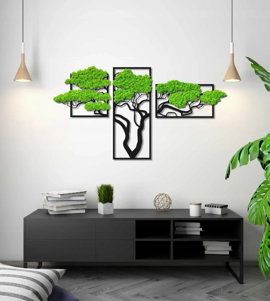 Geometric wood wall art panel Gleia in minimalist living room with natural light